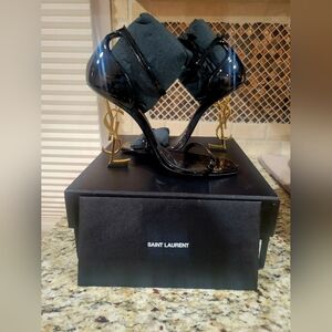 Saint Laurent Glossy Black Ankle Strap Heels